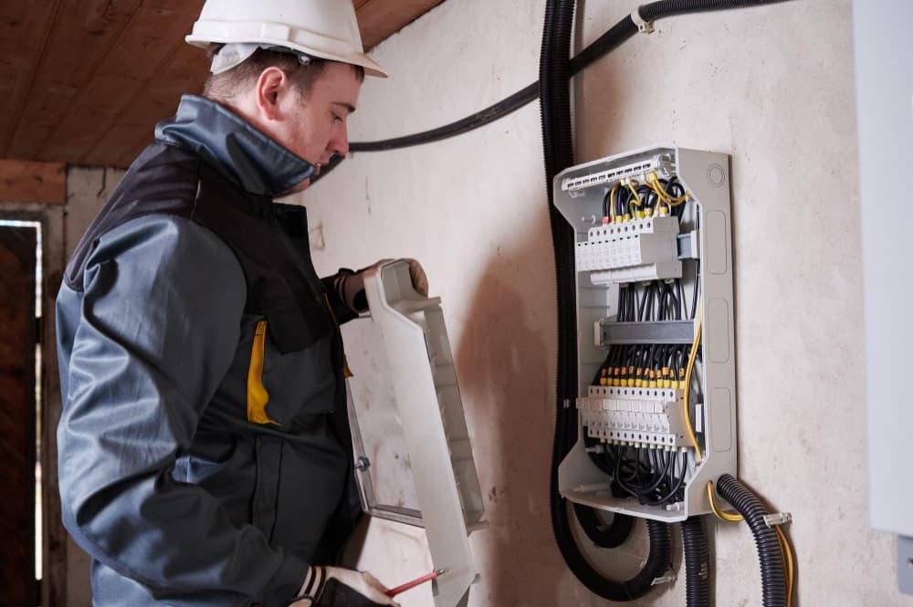 Elektrikár pri inštalácii zariadení na obnoviteľnú energiu