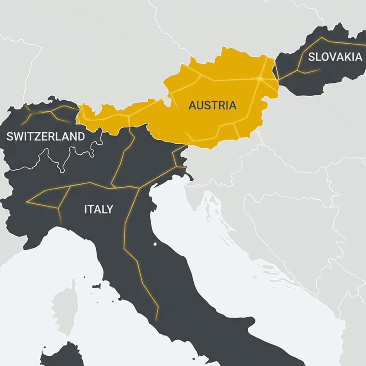 Mapa Rakúska, Švajčiarska, Talianska a Slovenska